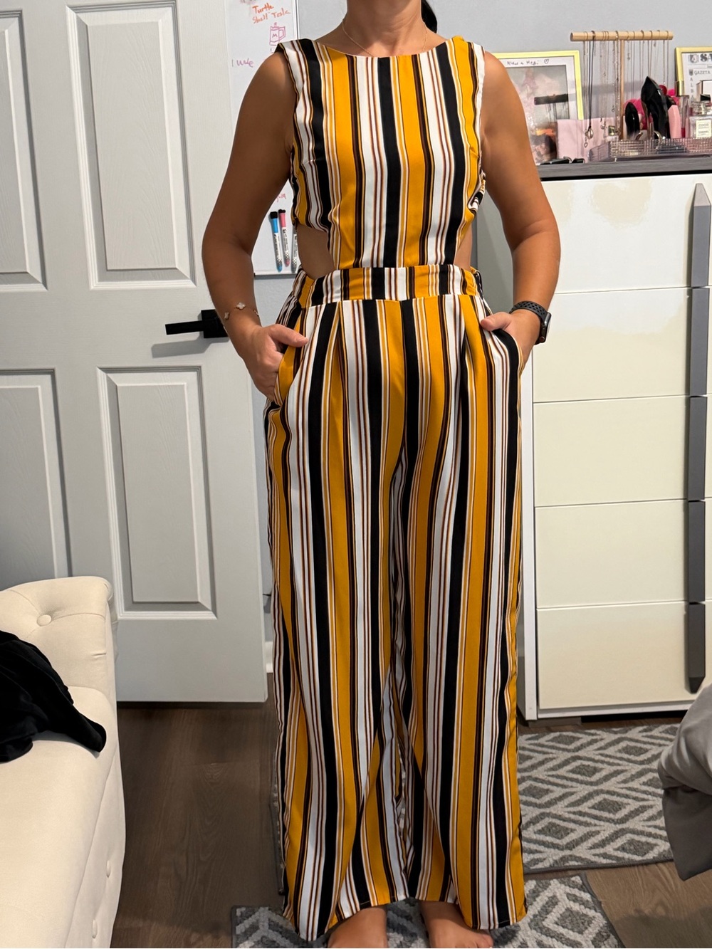 Striped Mustard & Black Wide-Leg Jumpsuit